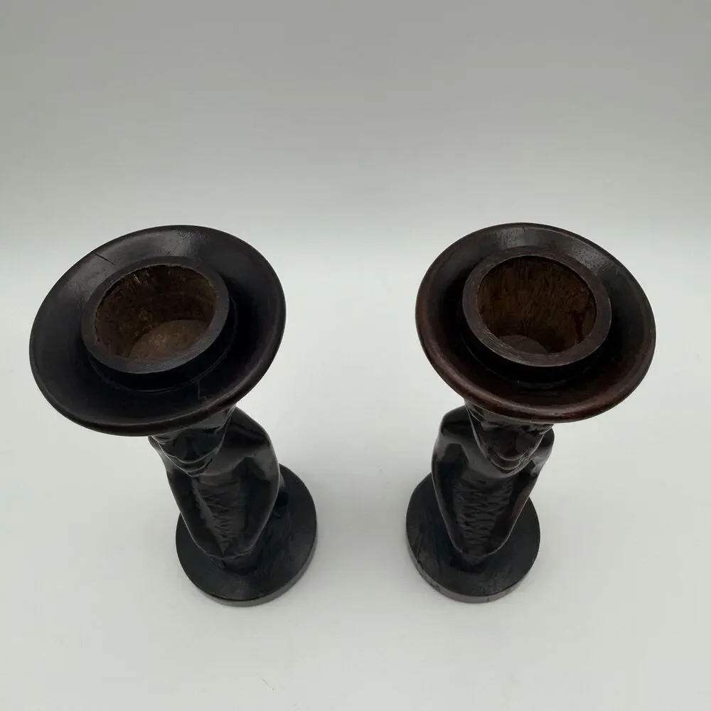 African Tribal Style Hand Carved Wooden Candlestick Taper Holders Set of 2